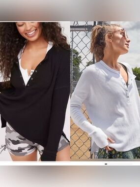 OFFLINE By Aerie  Wow! Waffle knit Henley T-Shirt Bundle Sz S Black White